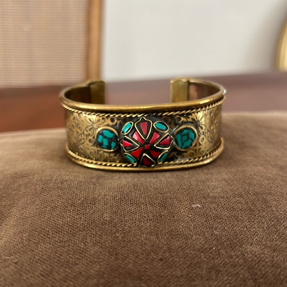 Ethnic Turquoise Brass Cuff Bracelet - Picture 1 of 4